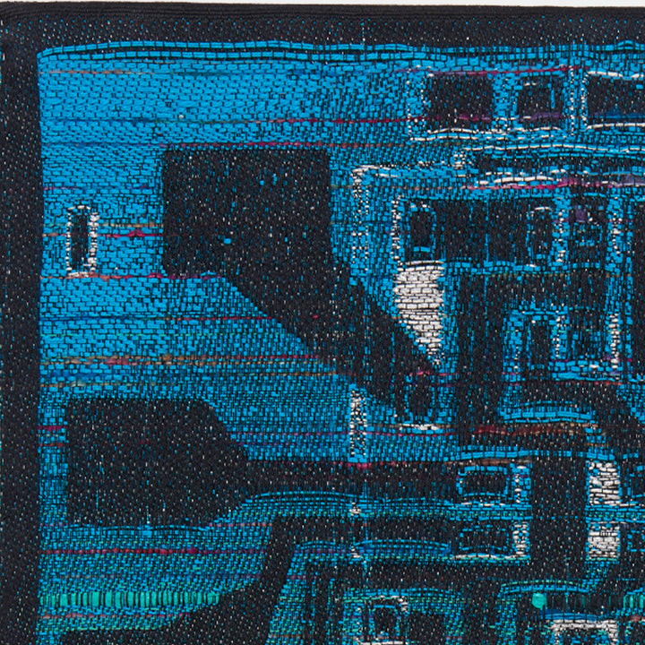 The artwork 'Sky Dust' by Robin Kang features an abstract architectural composition in vibrant electric blue and deep black tones, woven in hand jacquard cotton with holographic accents. Geometric shapes and angular patterns create a digital-inspired urban landscape, enhanced with metallic and silk yarns for dimensional texture.