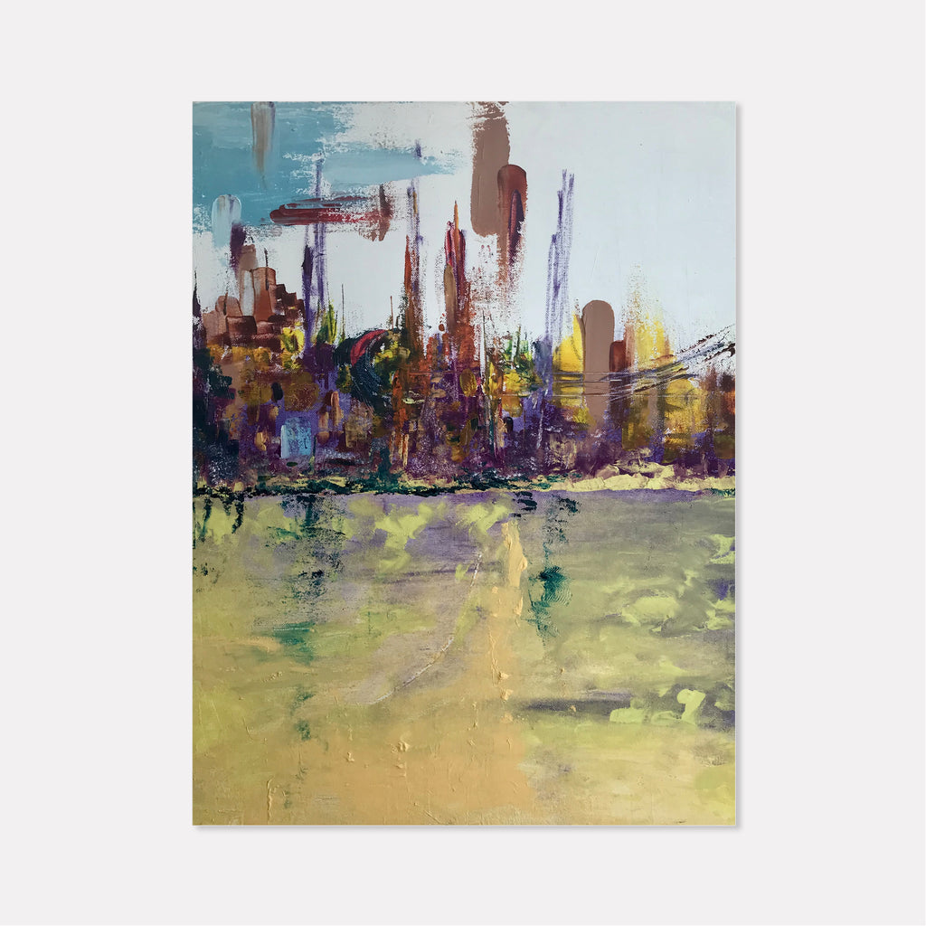 The artwork 'Skyline' by Rita BasuMallick features an abstract urban landscape with towering buildings rendered in rich browns, purples, and yellows against a soft blue sky. The foreground shows a textured chartreuse green expanse, creating depth through bold brushstrokes and impasto technique in oil on canvas, capturing the dynamic energy of a modern cityscape. By Rita BasuMallick.