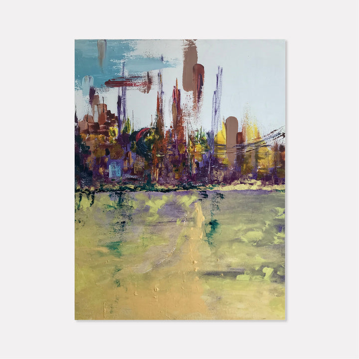 The artwork 'Skyline' by Rita BasuMallick features an abstract urban landscape with towering buildings rendered in rich browns, purples, and yellows against a soft blue sky. The foreground shows a textured chartreuse green expanse, creating depth through bold brushstrokes and impasto technique in oil on canvas, capturing the dynamic energy of a modern cityscape. By Rita BasuMallick.