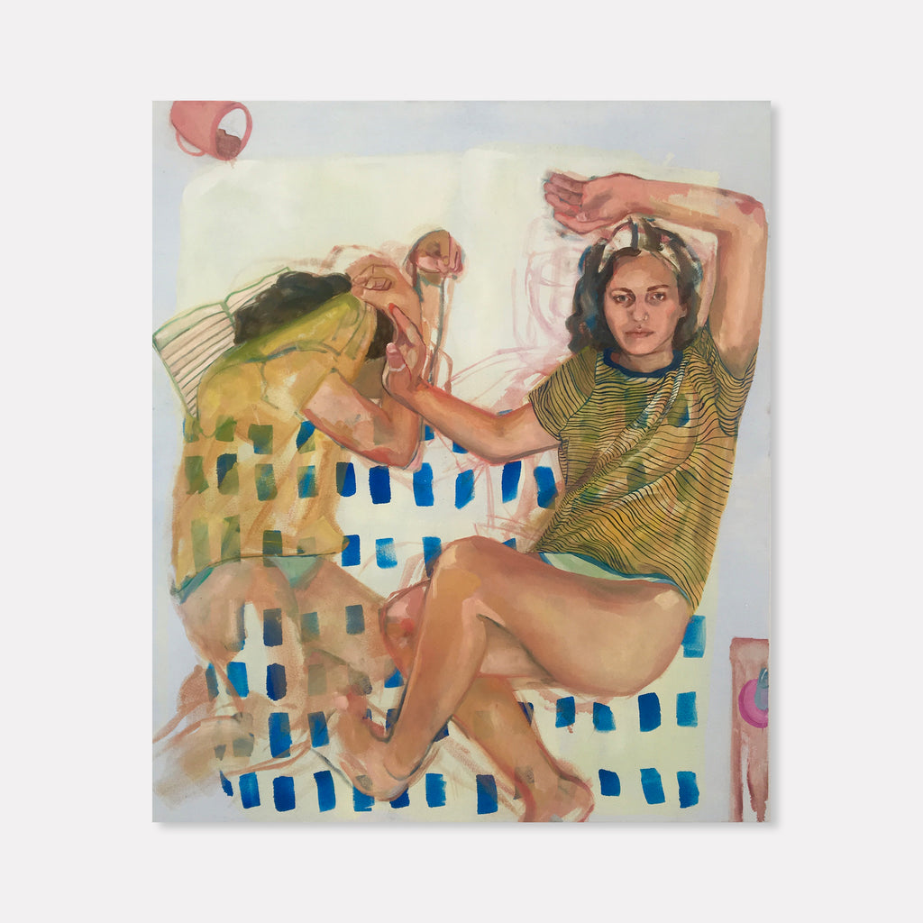The artwork 'Sleeping By Myself' features a reclining figure on a patterned surface with blue and cream geometric squares. A yellow-green striped garment adds contrast against the soft background. The oil and Guerra painting technique creates fluid, watercolor-like textures in warm flesh tones and cool blues. 42x36 inches canvas by Hanna Brody.