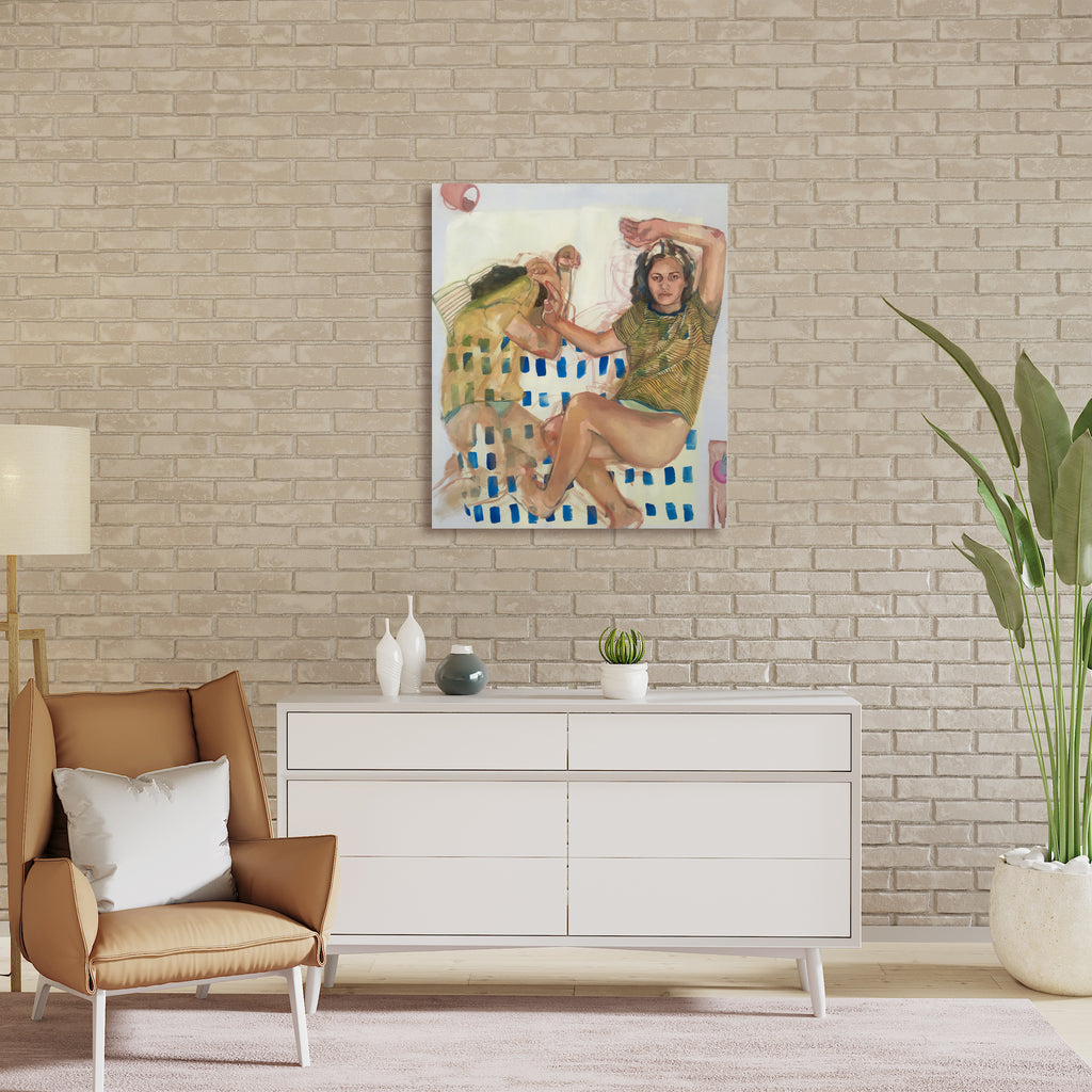 The artwork 'Sleeping By Myself' features a modern impressionistic painting depicting relaxed figures on a striped blue and white surface. The composition uses warm earth tones, olive greens, and soft pastels, executed in oil and Guerra on canvas with loose, expressive brushstrokes. The abstract style combines figurative elements with contemporary artistic interpretation. By Hanna Brody.