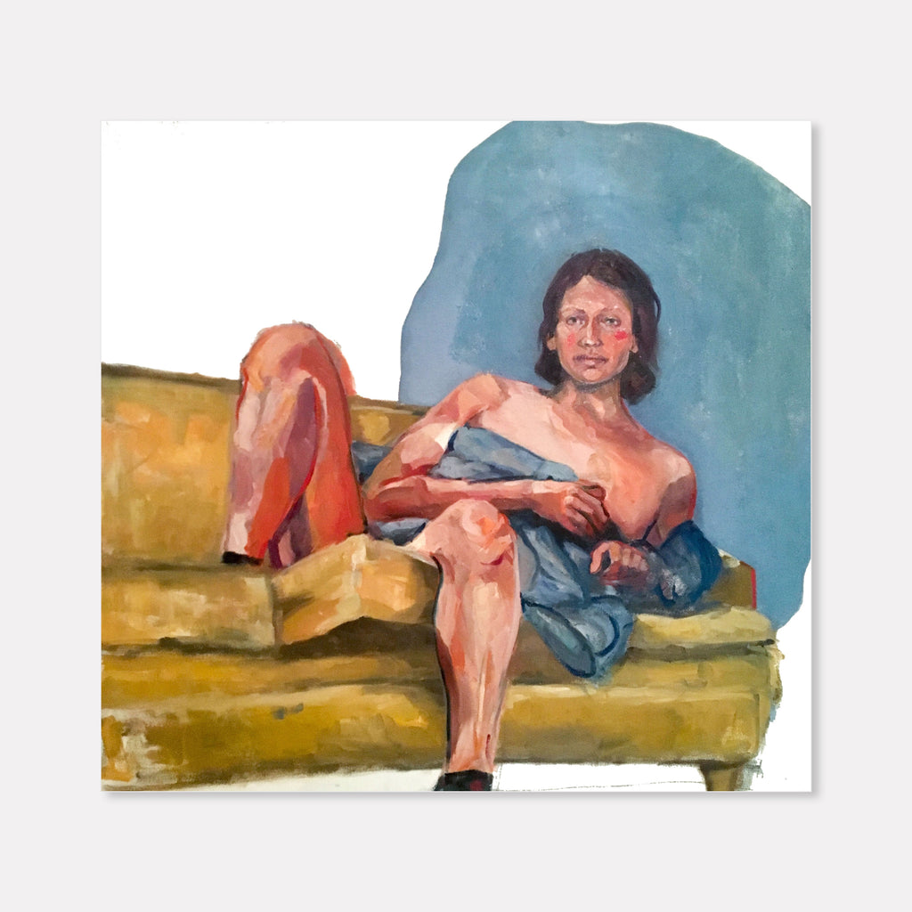 The artwork 'Sleeping on the Couch' depicts a figure reclining on a mustard yellow couch against a turquoise blue background. Oil painting with expressive brushstrokes captures the casual lounging pose, warm flesh tones, and fabric textures in an intimate interior scene. By Hanna Brody.