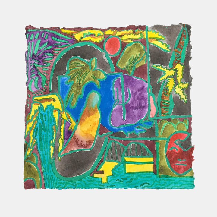 The artwork 'Sleepwalker' by Winnie Sidharta features an abstract composition with vibrant colors, combining organic and geometric shapes. A deep blue pool-like form centers the piece, surrounded by emerald green, purple, and yellow elements. The shellac ink and watercolor create dynamic textures and fluid transitions, with a red orb floating above, suggesting a dreamlike nocturnal landscape.