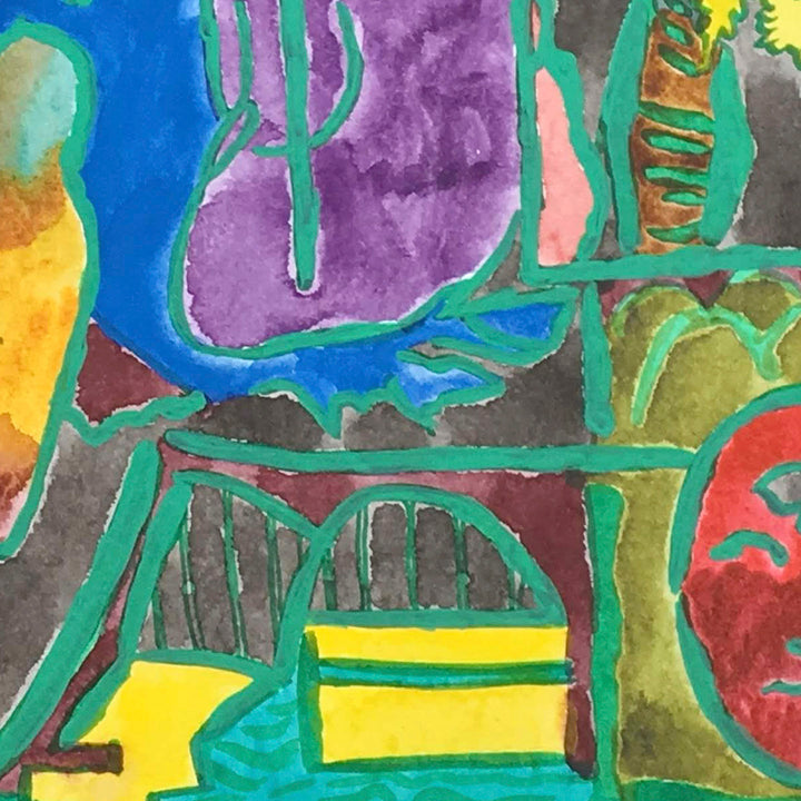 The artwork 'Sleepwalker' by Winnie Sidharta features vibrant watercolor and shellac ink composition with abstract geometric shapes. Bold teal lines create structural elements against a rich purple and blue background, with striking yellow rectangular forms anchoring the lower portion. The piece combines organic and architectural elements in a dreamlike arrangement.