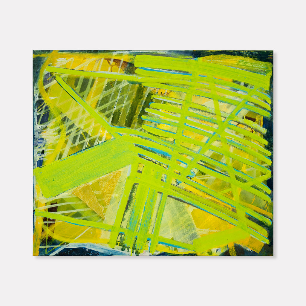 The artwork 'Slide' by Julie Shapiro features dynamic brushstrokes in vibrant chartreuse and yellow hues creating an abstract geometric pattern of intersecting lines. Bold strokes layer across the canvas in a crosshatch formation, with touches of turquoise and darker tones adding depth to the 18x21 inch oil painting.