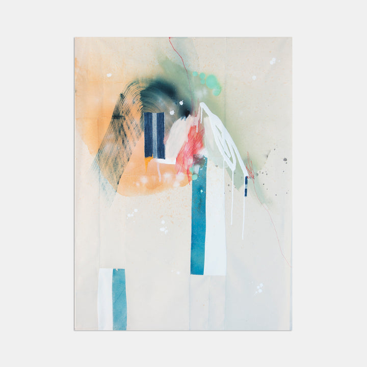 The artwork 'Slight Pause' by Rebecca Stern features an abstract composition with delicate watercolor techniques, blending soft peach and turquoise tones. Vertical geometric shapes in white and deep blue create architectural elements against a misty gray background, while gestural brushstrokes in mint green and coral add dynamic movement. 40x36 inches.