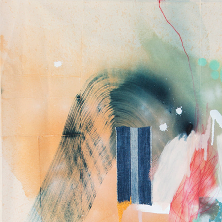The artwork 'Slight Pause' by Rebecca Stern features an abstract composition with sweeping brushstrokes in navy blue against a peach-colored background. The piece combines bold gestural marks with delicate watercolor effects, including teal green washes and coral pink accents. White negative spaces and dynamic curved lines create movement across the 40x36 inch canvas. By Rebecca Stern.