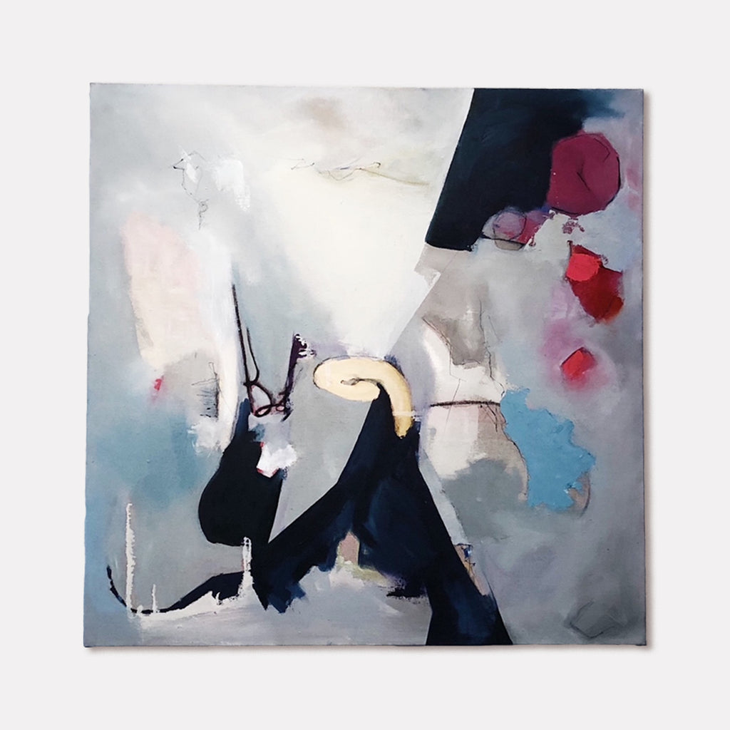 Artwork 'Slightly Off Center' by Gail Winbury features a dynamic abstract composition with bold navy shapes intersecting misty grays and whites. Crimson accents float against ethereal blue undertones, while a curved ivory form creates focal interest. Oil and graphite on linen create textural depth in this 38x38 inch contemporary painting by Gail Winbury.