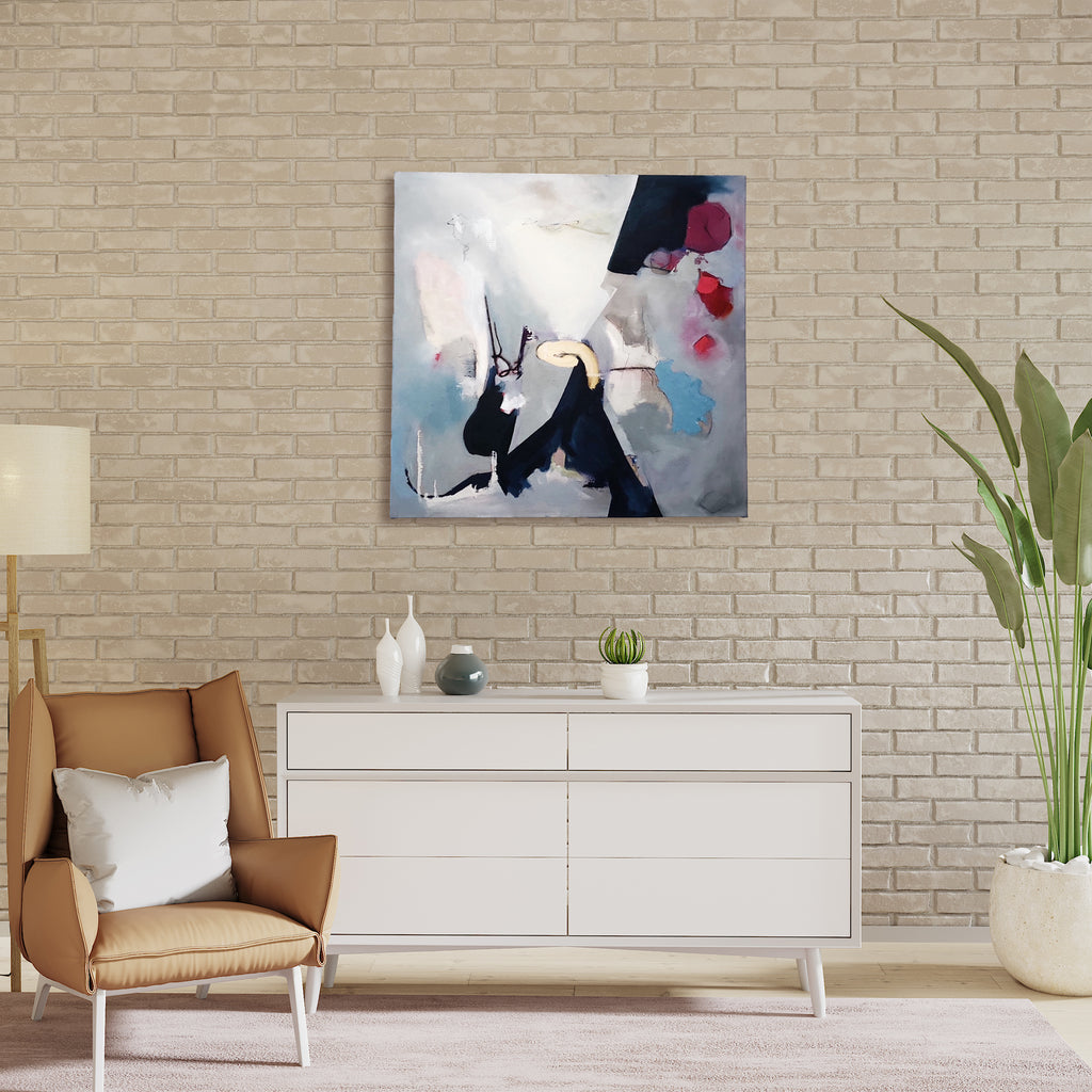 The artwork 'Slightly Off Center' by Gail Winbury features bold abstract brushstrokes in black and navy against a soft atmospheric background of pale blues, whites, and subtle pink accents. Dynamic gestural marks create movement across the linen canvas, while graphite details add textural depth. Oil painting techniques blend with contemporary abstract expressionism in this 38x38 inch composition by Gail Winbury.