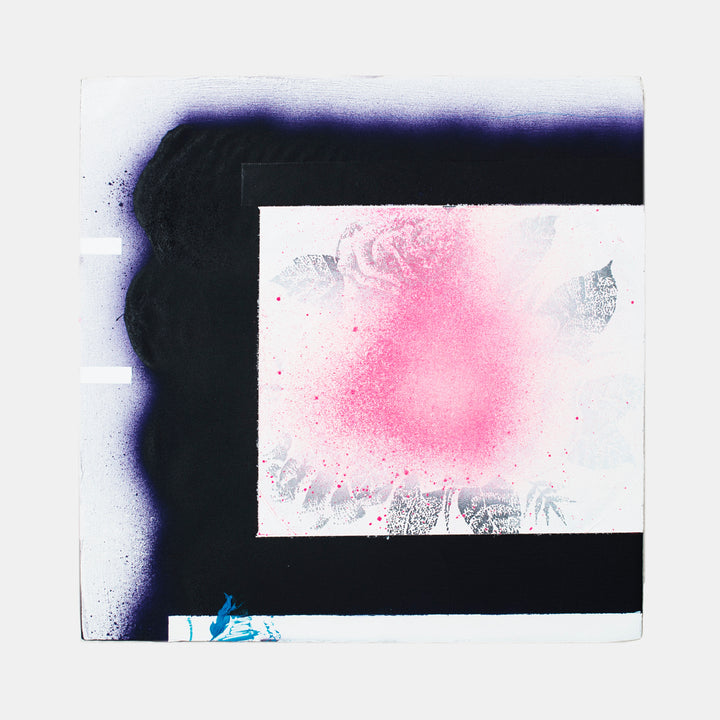 The artwork 'Small Rose' by Troy Medinis features a striking abstract composition with a delicate pink spray-painted center surrounded by bold black borders. The piece combines gesso transfer and molding paste techniques, creating textural contrasts between smooth and rough surfaces. White negative space and subtle purple undertones enhance the modern minimalist aesthetic, measuring 6 x 6.5 inches. By Troy Medinis.