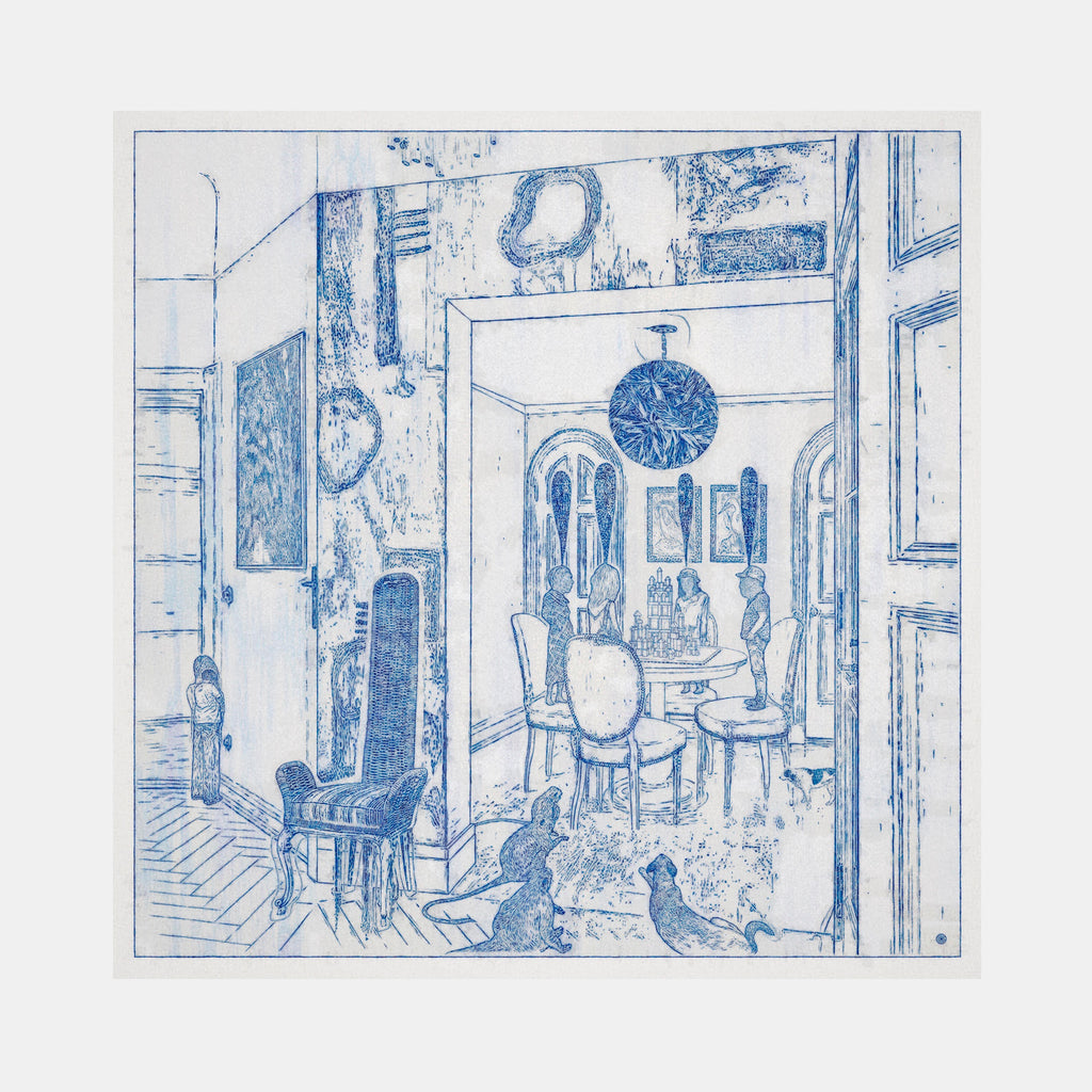 SmallpeopleOnchairs3monkeys2dogs by Steve Moors depicts a serene interior scene rendered in delicate blue and white tones, featuring a dining room with elegant chairs, arched doorways, and decorative elements. The monochromatic illustration style creates a dreamlike, sketch-like quality, with careful attention to architectural details and spatial depth. Art by Steve Moors.