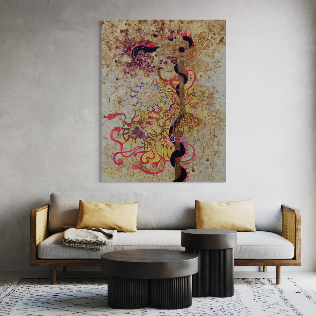 The artwork 'Defloree History #1A Childhood' by Valerie Hallier features an abstract composition with flowing serpentine lines in deep black and vibrant red, set against a textured beige background. Delicate flower petals create organic patterns, while paint markers and ball pen details add intricate swirling motifs, all masterfully arranged on a wood panel. The piece combines organic and fluid elements with precise artistic techniques.