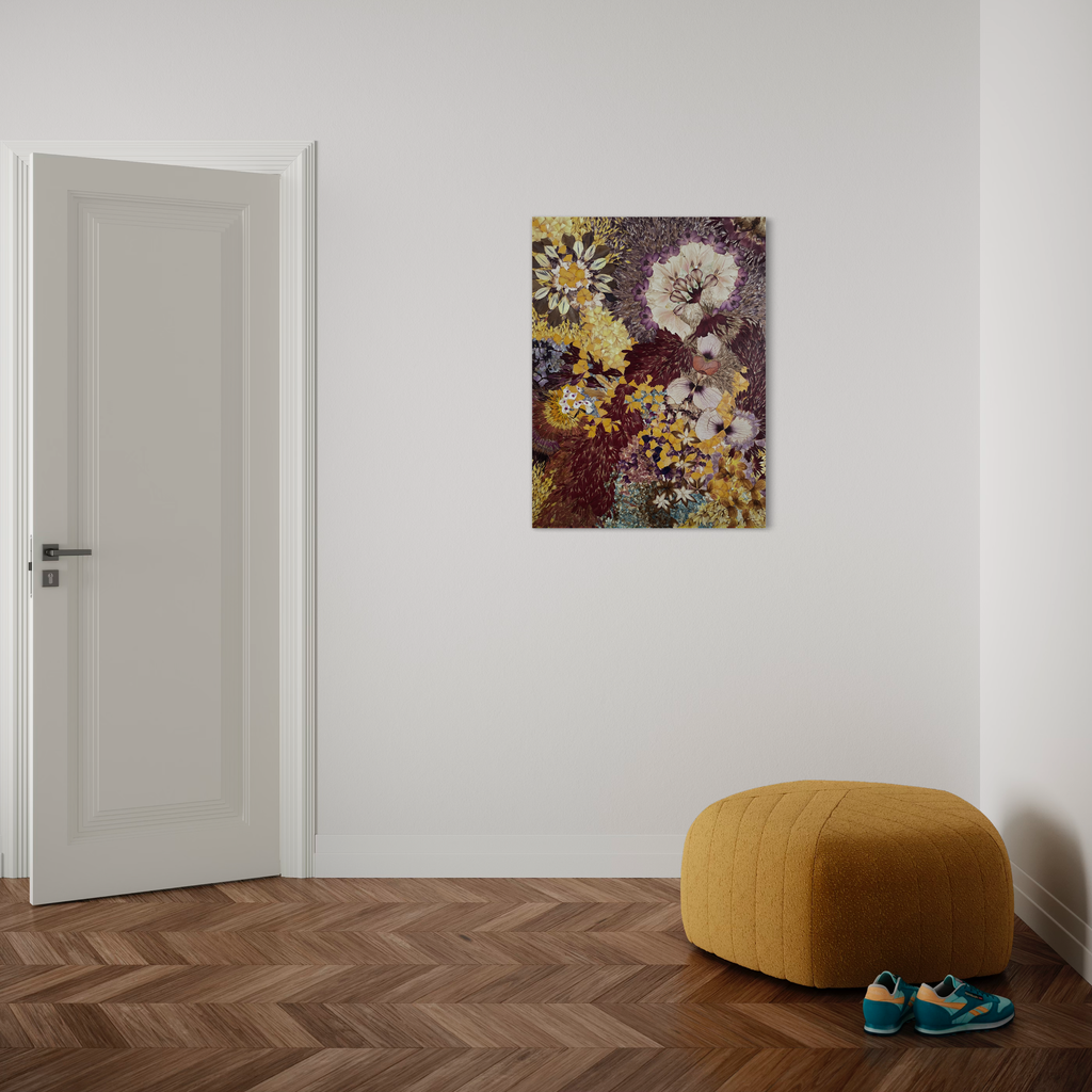 The artwork 'Defloree Self 05' by Valerie Hallier features preserved flower petals arranged in an abstract composition, displaying rich autumn colors of burgundy, yellow, and purple. The mixed-media piece on canvas, sealed with polyurethane varnish, creates a textural botanical collage reminiscent of pressed flowers in vintage herbaria. By Valerie Hallier.