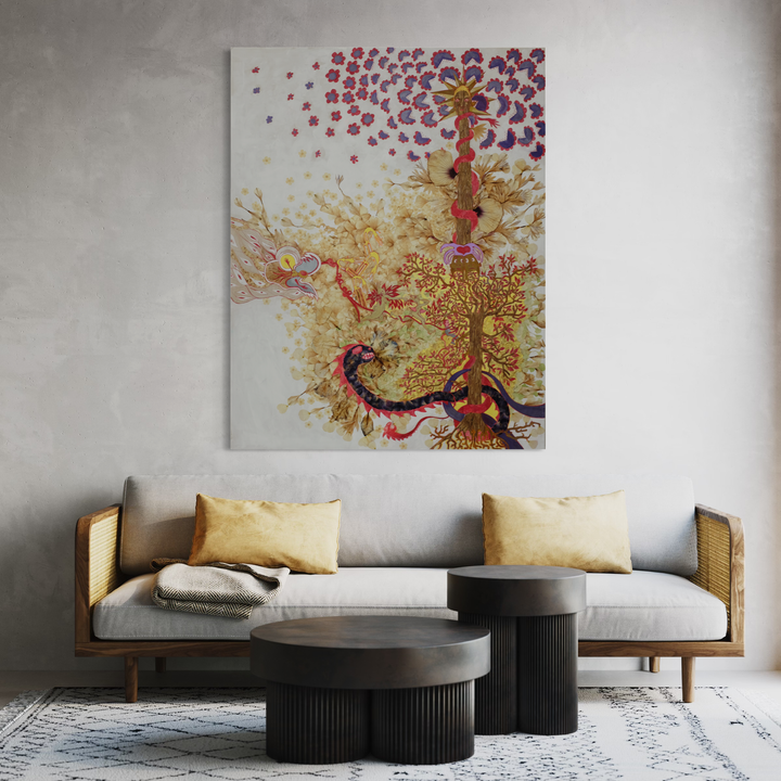 The artwork 'Defloree History #1B Childhood' features a whimsical tree-like structure in gold and crimson tones, blooming with purple and pink flower petals that scatter across the white background. Abstract swirls and organic forms create a dynamic composition, mixing traditional flower petals with contemporary mixed media techniques on wood panel by Valerie Hallier.