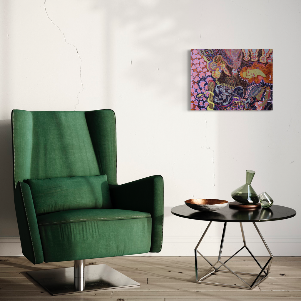 Infinite Drawing Therapy Panel 02 by Valerie Hallier features abstract organic forms in vibrant purple, pink, and orange hues. Mixed media artwork combining dried flower petals, paint markers, and ball pen on wood panel, creating a dreamlike, flowing composition with intricate details and layered textures. Displayed above modern furniture in a contemporary setting.