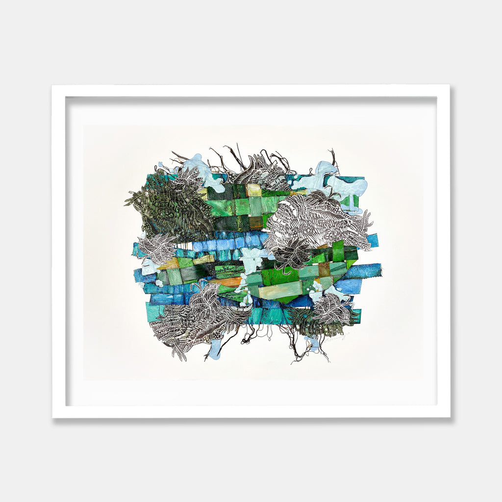 The artwork 'Smell the Sea and Feel the Sky' by Christina Massey features an abstract composition of interwoven turquoise, blue, and green strips creating a dynamic seascape effect. Detailed black and gray organic patterns resemble coral formations, while textured elements in acrylic and linocut with threaded details add dimensional depth. White matting and frame complete the coastal-inspired piece. By Christina Massey.