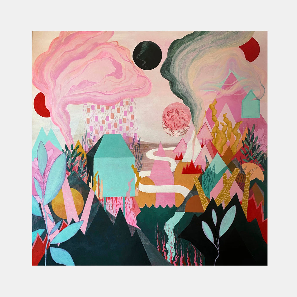 The artwork 'Smoke Signals' by Tyler Sorgman features a whimsical landscape with turquoise houses and pink geometric mountains. Abstract shapes include swirling pink and gray smoke clouds, a bold black sphere, and red circular elements. The foreground showcases stylized foliage in teal and coral tones, creating a dreamlike scene rendered in acrylic, marker, and charcoal on canvas.