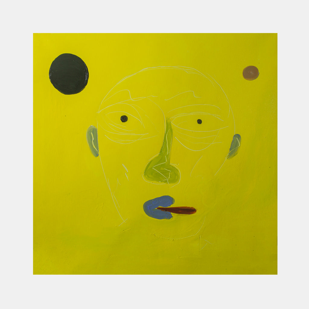 The artwork 'Smoking Cigar' features a minimalist portrait against a vibrant yellow background. Abstract shapes form facial features, with a dark circular element holding a small red-brown cigar. The composition uses bold geometric forms in olive green, black, and blue accents on a square canvas, creating a modern, stylized expression. Oil on canvas by Cavier Coleman.