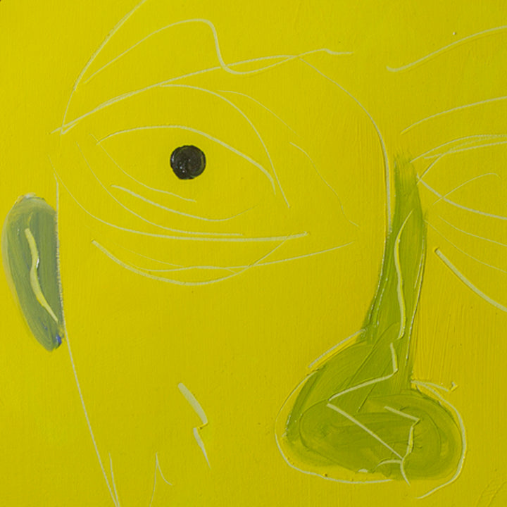 The artwork 'Smoking Cigar' features a minimalist facial profile rendered in delicate white lines against a vibrant yellow background. The abstract composition shows a simplified nose and ear in lime green brushstrokes, with a single black circular eye, painted in expressive oil technique on canvas. By Cavier Coleman.