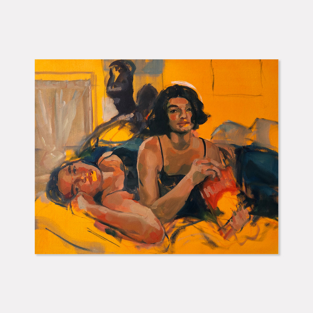 The artwork 'Snack Time' features a vibrant oil painting with a striking orange background. The expressive brushstrokes and loose painting style create a contemporary mood. The composition showcases relaxed figures against warm tones, with deep blues and blacks providing contrast. The Guerra paint technique adds unique texture to the 16x20 inch canvas. By Hanna Brody.