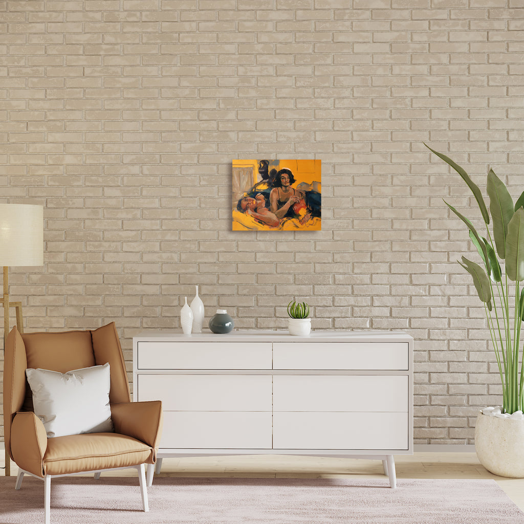 The artwork 'Snack Time' by Hanna Brody depicts a vibrant orange background with figures lounging in a casual scene. The oil and Guerra painting on canvas features warm earth tones, expressive brushstrokes, and relaxed composition. The contemporary piece captures a moment of leisure with bold color contrasts and textural elements, measuring 16 by 20 inches.