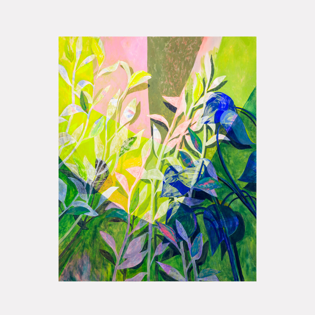 The artwork 'Sneaky Sock' by Lauren Portada features vibrant botanical elements in acrylic and textile collage. Luminous green and yellow foliage intertwines with deep blue leaves, set against a soft pink background. The dynamic composition creates a tropical garden-like atmosphere with flowing, organic forms and layered brushstrokes.