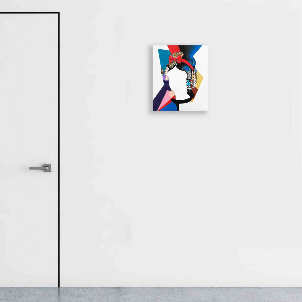 The artwork 'Snow White' by Ellannah Sadkin features a geometric abstract composition with bold angular shapes in vibrant blue, red, and black. The silhouette suggests an iconic cartoon character with a characteristic bow, rendered in a contemporary pop art style using acrylic on canvas. The faceless figure creates an intriguing negative space against the dynamic background.
