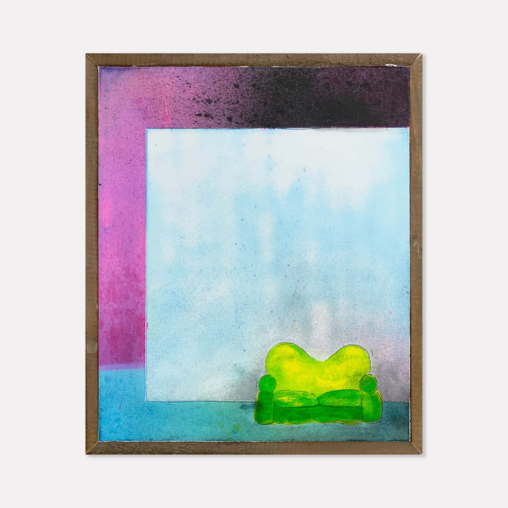 The artwork 'Snow home experience' by Evan Peltzman features a minimalist composition with a vibrant lime green couch against a serene pale blue background. A bold magenta geometric shape frames the left edge, creating dynamic contrast. The mixed media piece on wood panel combines ink and plaster, exhibiting a textured, dreamy quality with subtle color gradients.