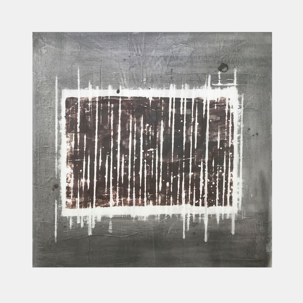 The artwork 'Snowy Window' by Shira Toren features vertical white streaks against a dark gray background, creating a striking abstract composition reminiscent of winter precipitation on glass. The textured Venetian plaster and graphite on canvas create depth and dimension, with dripping effects and weathered appearance on a 24x24 inch canvas. By Shira Toren.