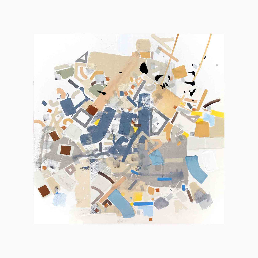 The artwork 'Soho 36E' by Philippe Halaburda features an abstract composition of fragmented geometric shapes scattered across a white canvas. Soft blues, beiges, and browns create a dynamic interplay, with angular forms and curved elements suggesting an urban landscape viewed from above. Created with acrylic and felt tip markers on stretched canvas by Philippe Halaburda.
