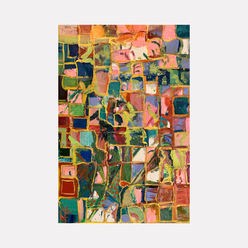 The artwork 'Little Boxes' by Jessica Soininen-Eddis features a vibrant abstract composition of geometric squares and rectangles in rich jewel tones. The mosaic-like pattern combines deep teals, coral pinks, emerald greens, and golden yellows, created with bold brushstrokes in acrylic paint. The textured surface suggests layers of mixed media, creating a dynamic patchwork effect on canvas.