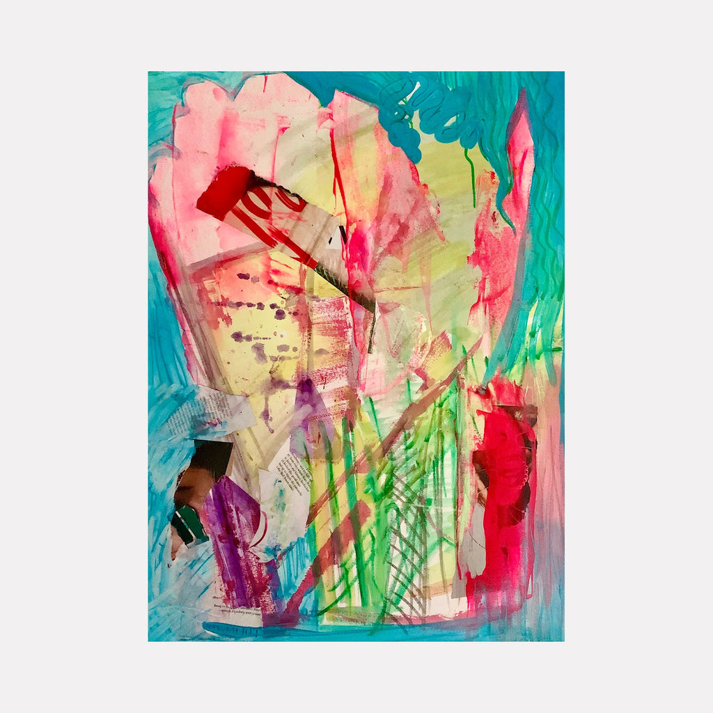 The artwork 'Sliced Clouds' by Jessica Soininen-Eddis features vibrant abstract composition with dynamic brushstrokes of coral pink, turquoise, and lime green. Layered collage elements blend with expressive acrylic paint, creating a fluid, ethereal effect. Bold red accents and purple details emerge through translucent washes, suggesting movement and depth on paper.