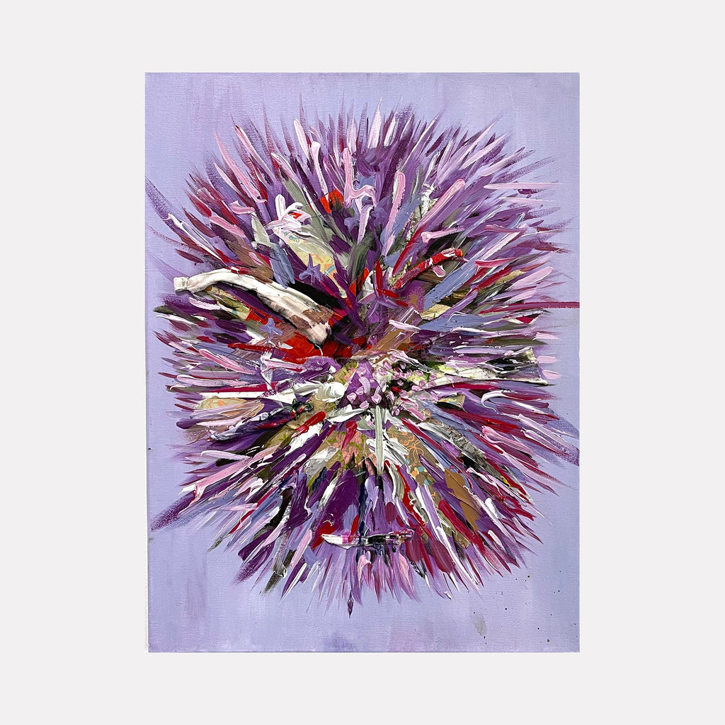 The artwork 'Star of Persia' by Jessica Soininen-Eddis features an explosive burst of vibrant brush strokes radiating from a central point against a soft lavender background. The dynamic composition combines purple, red, and metallic tones in sharp, spiky formations, creating a dramatic starburst effect using acrylic and mixed media on canvas. By Jessica Soininen-Eddis.