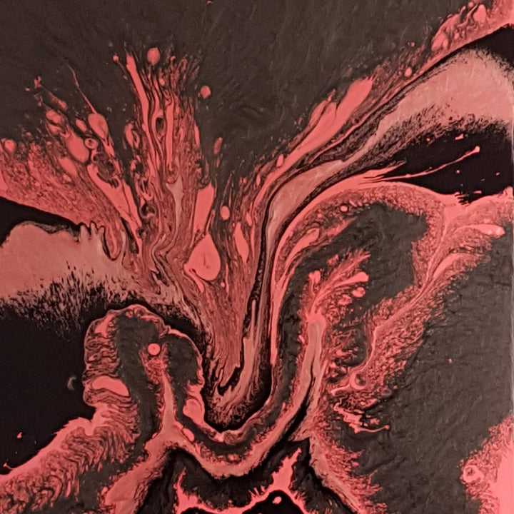 The artwork 'Solar Explosion' by Sabrina Puppin features dynamic coral-pink fluid patterns swirling against a deep black background. The abstract composition showcases dramatic fluid art techniques with synthetic glazes, creating a mesmerizing cosmic effect of molten energy bursting outward. The textured surface captures light and shadow, emphasizing the explosive movement and organic flow. 20x16 inches on canvas by Sabrina Puppin.