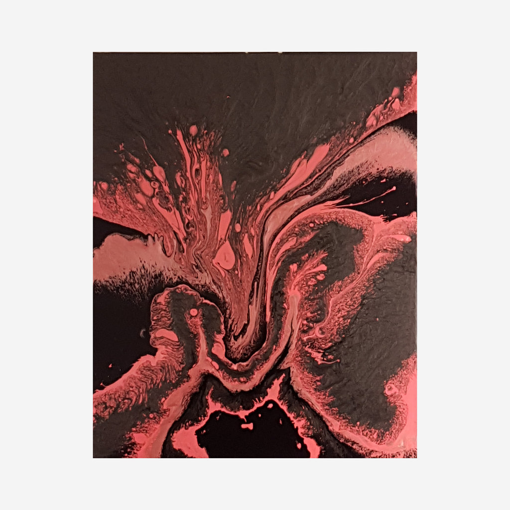 The artwork 'Solar Explosion' by Sabrina Puppin features dynamic coral-pink fluid patterns against a deep black background, creating an abstract explosive effect. The synthetic glazes on canvas produce swirling, organic forms that radiate from the center, resembling cosmic eruptions or flowing lava. The contrasting colors and fluid textures create a dramatic, energetic composition measuring 20x16 inches.