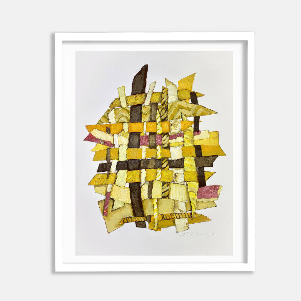 The artwork 'Solar Vibes' by Christina Massey features an intricate woven pattern of yellow, brown, and pink paper strips creating an abstract geometric composition. The mixed media piece combines acrylic paint on canvas and paper, displaying a dynamic interplay of warm tones in a lattice-like structure, framed in classic white. The textural elements create depth and movement, resembling sunlit architectural forms or a deconstructed grid pattern.