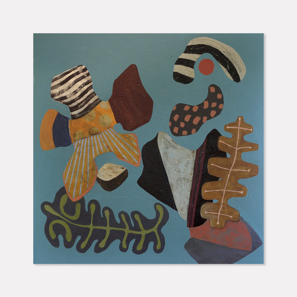The artwork 'Something About Joy' by Karen Nielsen-Fried features abstract organic shapes floating on a serene teal background. The composition includes striped patterns, curved forms in rust and black, a golden sunburst element, and leaf-like motifs. The 36x36 inch acrylic painting on wood panel combines earthy browns, deep oranges, and sage green in a playful, modern arrangement that suggests natural elements and movement. By Karen Nielsen-Frie