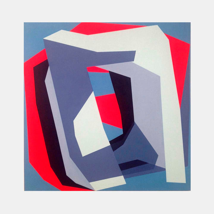 The artwork 'Something Concrete' features bold geometric shapes in magenta, grey, and blue tones creating a three-dimensional abstract composition. Angular forms overlap and intersect, suggesting architectural elements with sharp shadows and dimensional depth. Oil on canvas geometric abstraction by Kati Vilim.