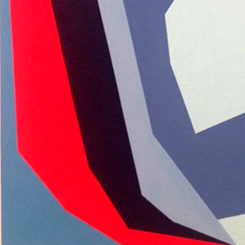 The artwork 'Something Concrete' by Kati Vilim features bold geometric abstraction with a striking red diagonal form against shades of grey and blue. Sharp angular shapes create a dynamic composition suggesting three-dimensional depth through color contrast. Oil on canvas geometric artwork exploring industrial themes and technological forms.