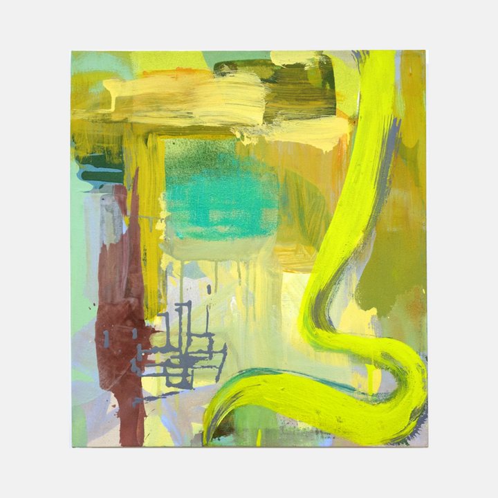 The artwork 'Sonan-Yello' by Molly Herman features vibrant abstract brushstrokes in fluorescent yellow and turquoise. Bold curved lines sweep across the canvas, complemented by earthy browns and subtle lavender tones. The oil painting showcases dynamic movement through expressive gestures and layered paint application on a 22x20 inch canvas. - Molly Herman