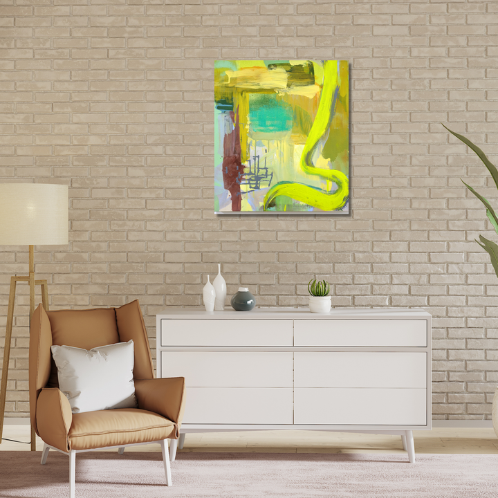 Sonan-Yello by Molly Herman: Abstract oil painting featuring vibrant yellow curved forms contrasting with turquoise accents and burgundy strokes. Dynamic composition with flowing lines and gestural brushwork creates movement across the 22x20 inch canvas, showcasing contemporary expressionist style with bold color interplay.