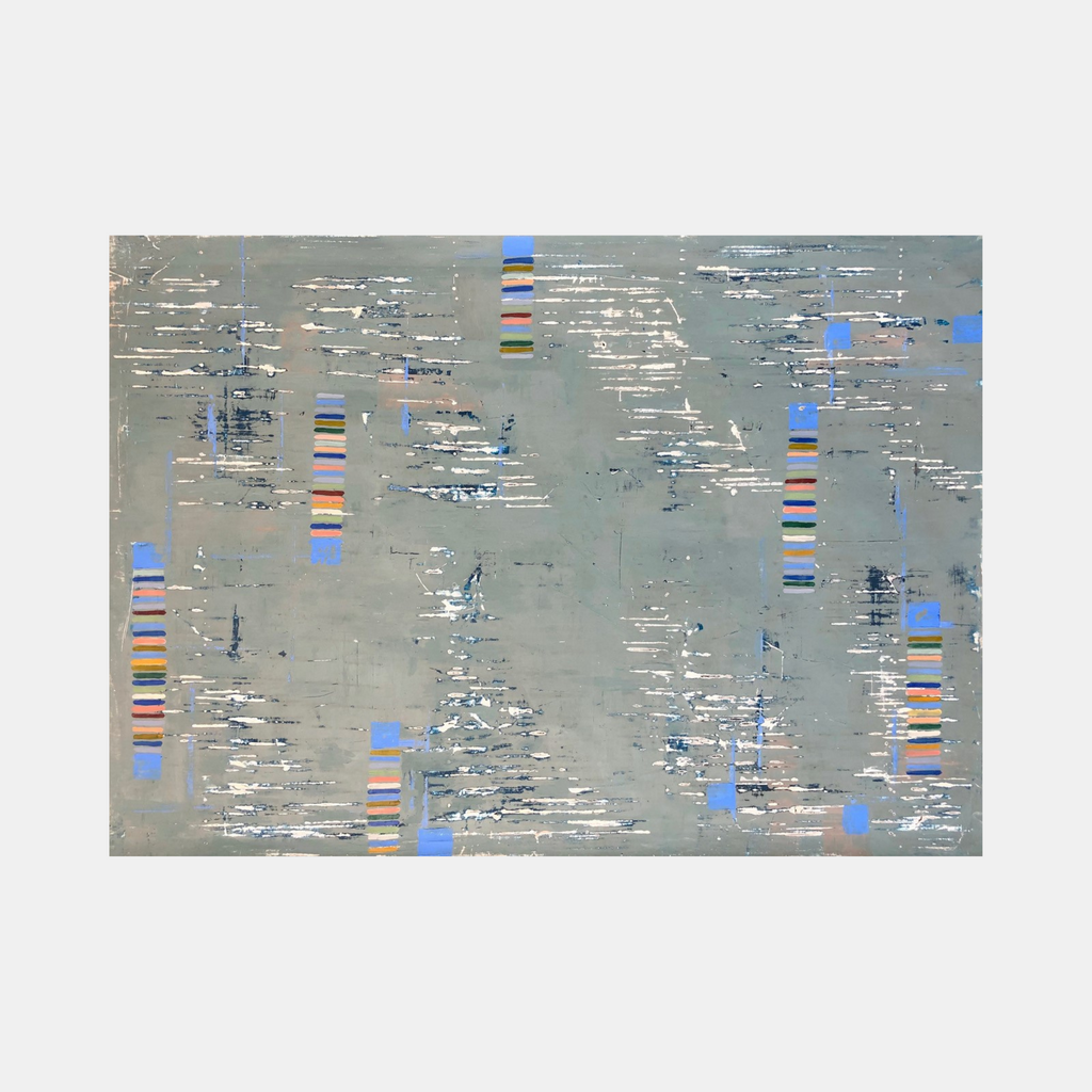 The artwork 'Sonata' by Shira Toren features a minimalist abstract composition with horizontal bands of muted gray Venetian plaster background, punctuated by small geometric blocks of blue and coral accents. Textural scratches and linear elements create a rhythmic pattern across the canvas, evoking a sense of musical notation and movement by Shira Toren.