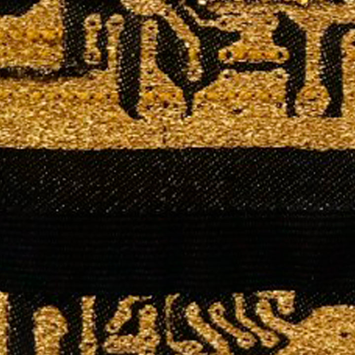Source Code by Robin Kang: Abstract digital-inspired textile artwork featuring metallic gold geometric patterns and symbols against a deep black background, hand-jacquard woven with cotton and metallic yarns. The composition evokes computer code aesthetics with angular forms and contrasting textures, stretched on 8x6 inch canvas.