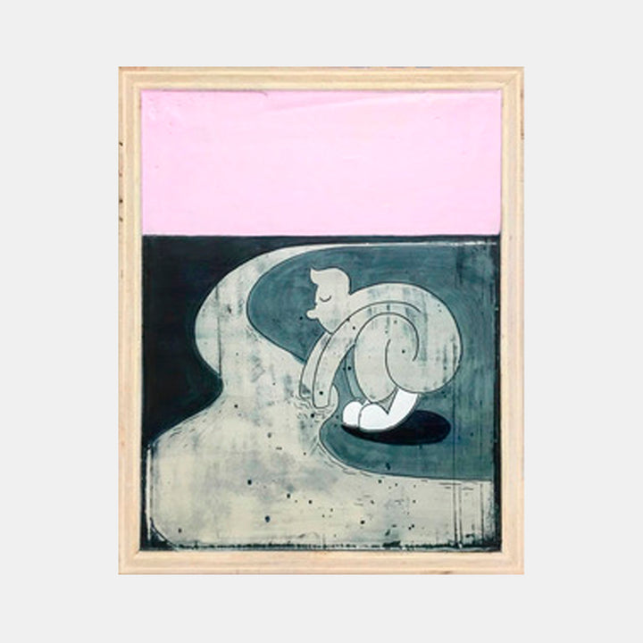 The artwork 'Space Rids The Individual' by Evan Peltzman features a minimalist composition with a curved abstract figure in silvery-gray against a deep teal background, topped by a soft pink sky. The figure suggests a curled, organic form with smooth flowing lines, created using ink and plaster on wood panel, framed in natural wood.