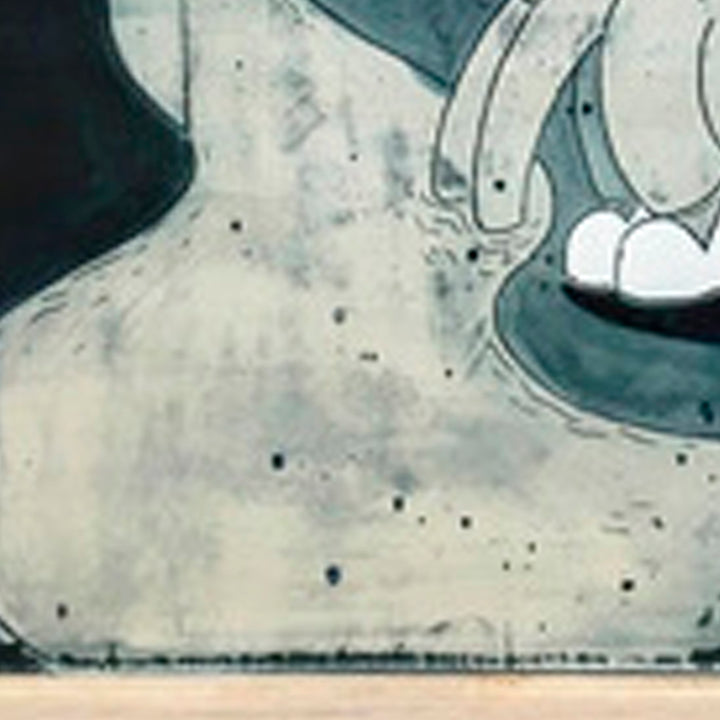 The artwork 'Space Rids The Individual' by Evan Peltzman features abstract shapes in teal and off-white tones, created with ink and plaster on wood panel. The composition shows curved forms with subtle texture variations and small dark specks scattered across the pale surface, creating a dynamic spatial relationship. The 15x12 inch piece demonstrates a modern minimalist approach.