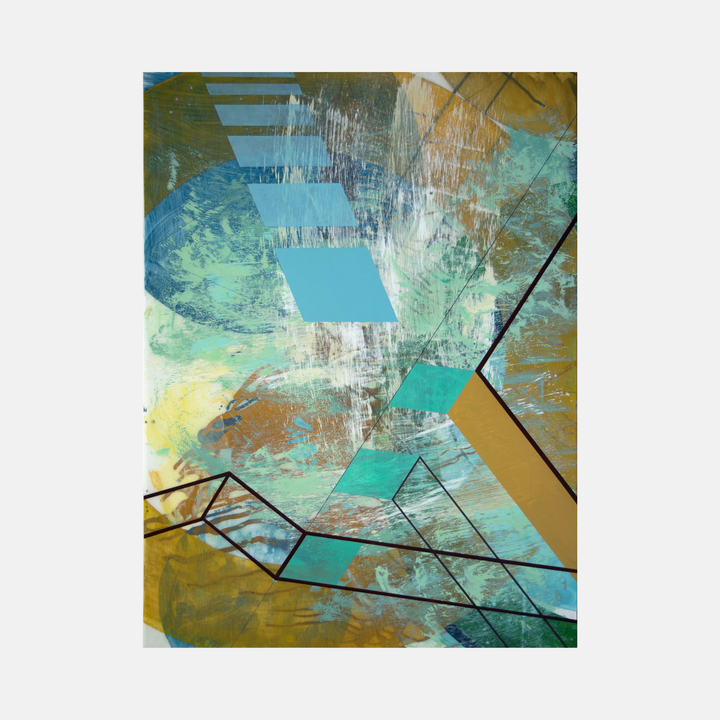 The artwork 'Span' by Linda Schmidt features abstract geometric shapes with angular black lines intersecting across turquoise, golden ochre, and mint green colors. The composition combines bold brushstrokes and textural elements created with Flashe vinyl paint and graphite on Mylar, creating a dynamic interplay of geometric and organic forms in a modern abstract style.