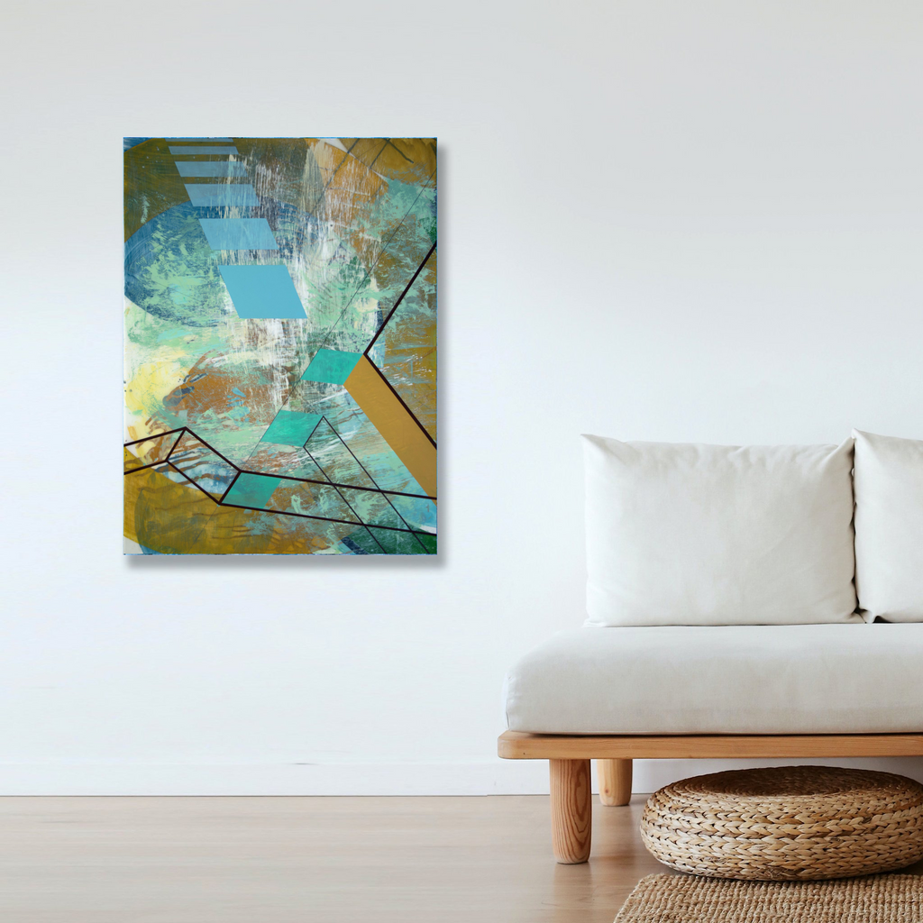 The artwork 'Span' by Linda Schmidt features dynamic geometric black lines intersecting across a vibrant abstract composition of turquoise, golden yellow, and mint green. Textural brushstrokes and gestural marks create depth, while vinyl paint and graphite on Mylar produce a contemporary mixed-media effect with varying opacity and sheen. by Linda Schmidt