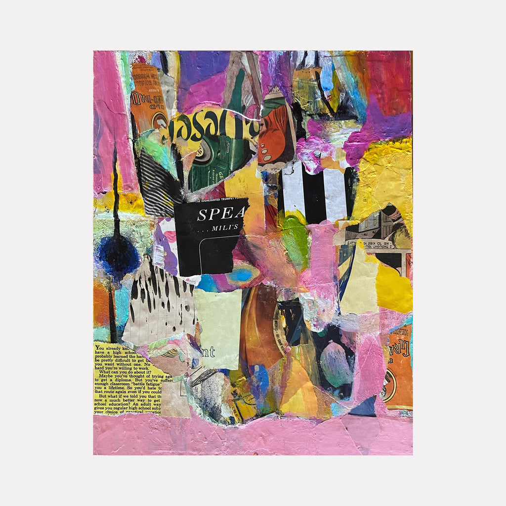 The artwork 'Speak' by Kevin McGoff features a vibrant mixed media collage on wood panel, combining torn paper fragments, text elements, and bold brushstrokes in pink, yellow, purple, and green hues. Abstract shapes and typographic elements create a dynamic composition, with a central black text block reading "SPEAK" amid layered textures and overlapping colors.