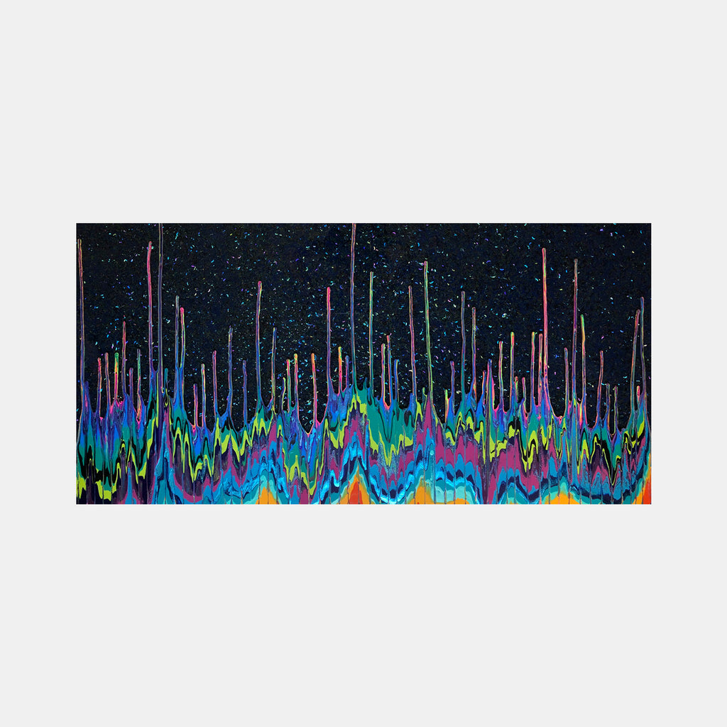 The artwork 'Spectra VI' by Paola Gracey features vertical neon-colored lines rising against a dark starlit background, creating a dynamic wave pattern. Vibrant blues, greens, and magentas flow in oscillating movements, enhanced with sparkling glitter and glossy resin finish. The composition evokes a cosmic frequency visualization or aurora borealis display, created with acrylic and epoxy resin on panel.