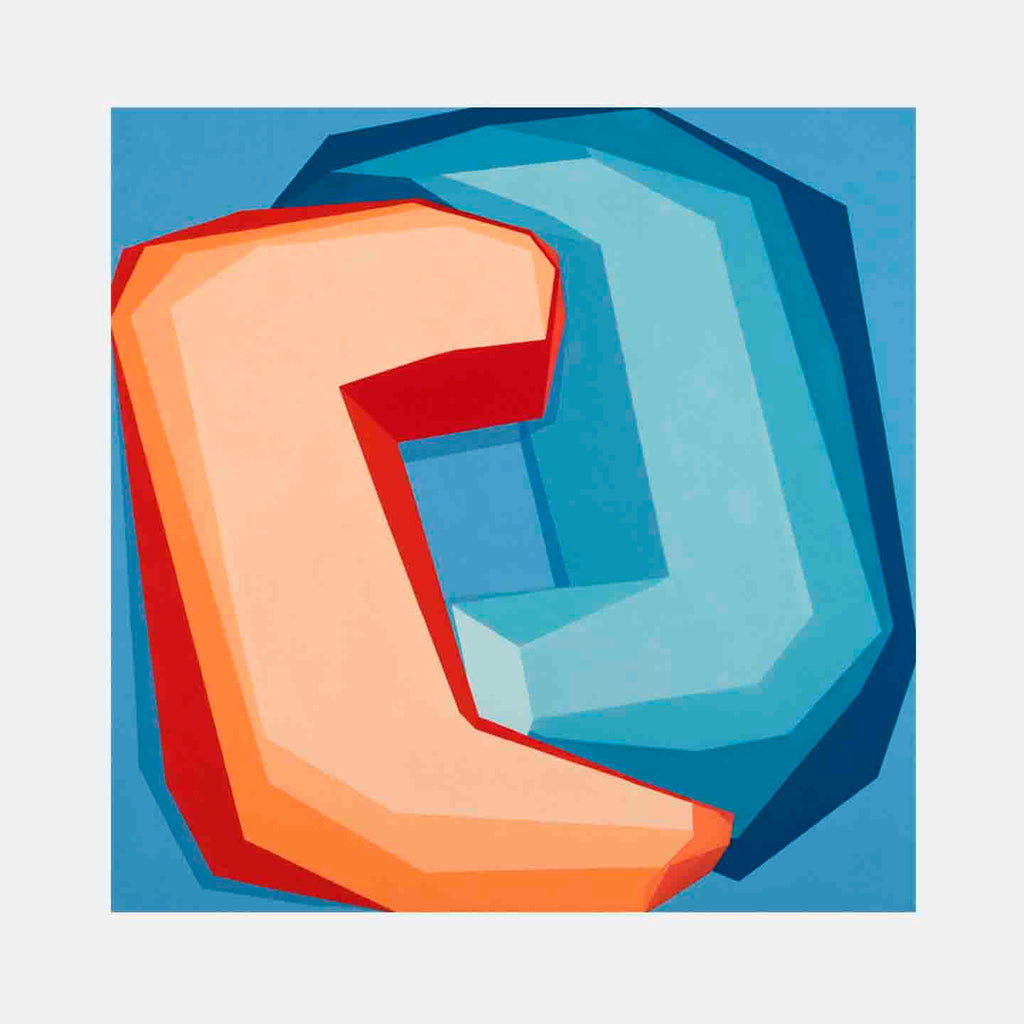The artwork 'Spellbound' by Kati Vilim features bold geometric abstraction with contrasting warm orange-red and cool turquoise shapes against a blue background. The composition showcases angular forms creating dynamic tension through color relationships and spatial depth in oil on canvas, expressing contemporary geometric minimalism by Kati Vilim.